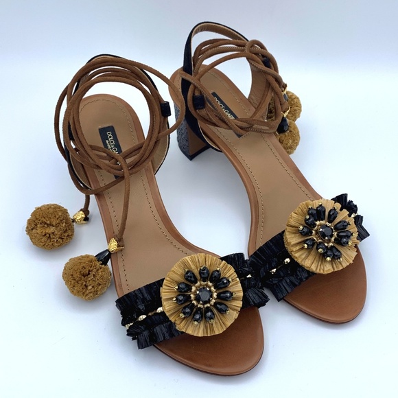 SOLD! NIB DOLCE & GABBANA Black Crystal Raffia Sandals - Picture 6 of 8